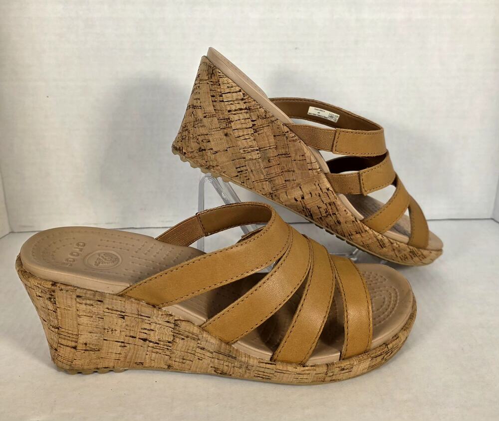 Crocs A-Leigh Leather Multi Strap Slide Cork Wedge Sandals Tan Women's 8 Boho